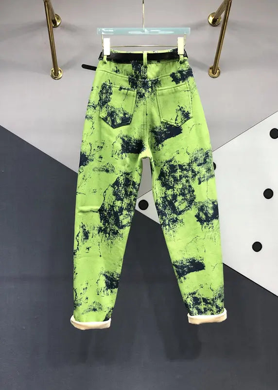 Modern Green Tie Dye Pockets Patchwork Denim Pants Fall Ada Fashion