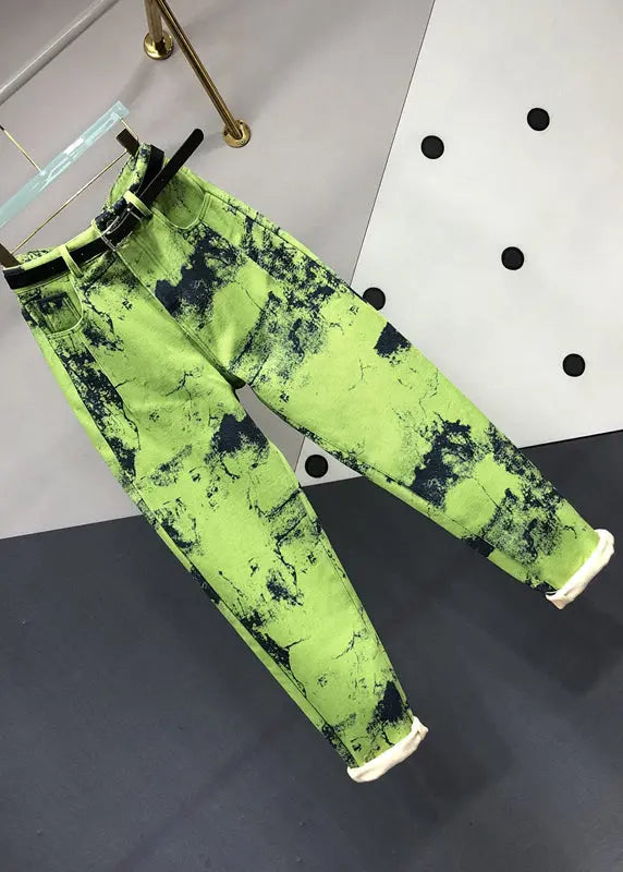 Modern Green Tie Dye Pockets Patchwork Denim Pants Fall Ada Fashion