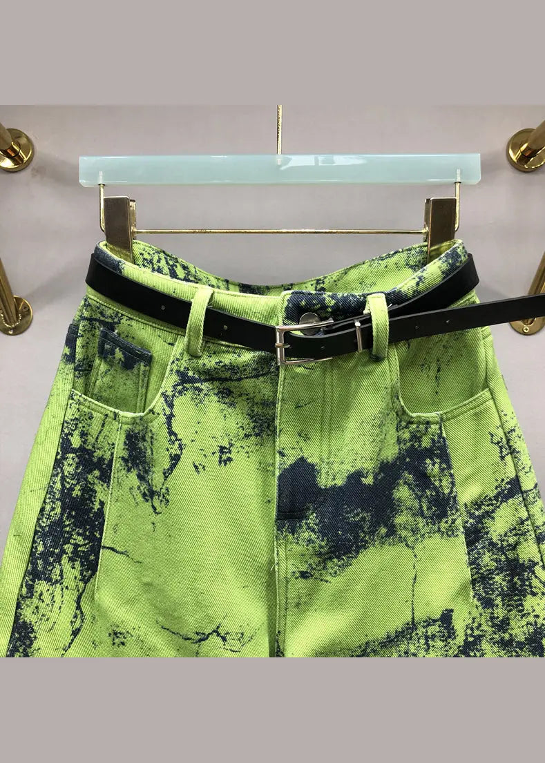 Modern Green Tie Dye Pockets Patchwork Denim Pants Fall Ada Fashion