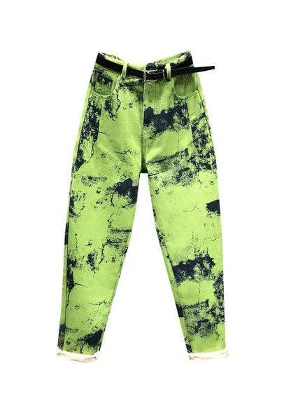 Modern Green Tie Dye Pockets Patchwork Denim Pants Fall Ada Fashion