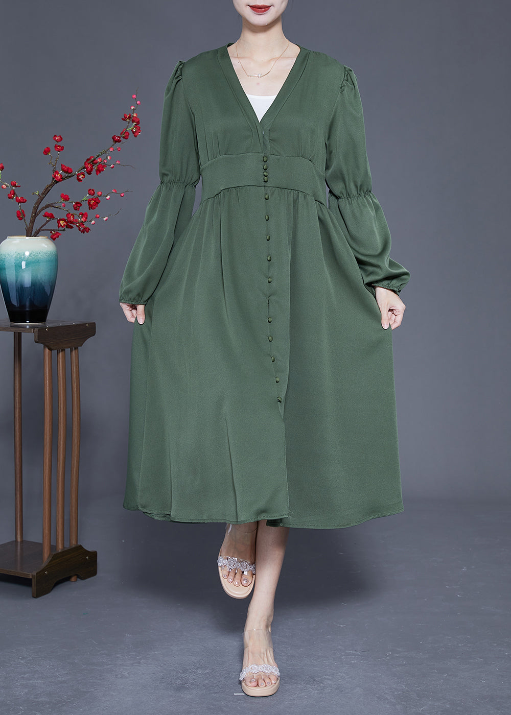 Modern Green V Neck Cinched Patchwork Button Silk Dress Spring LY1843 - fabuloryshop