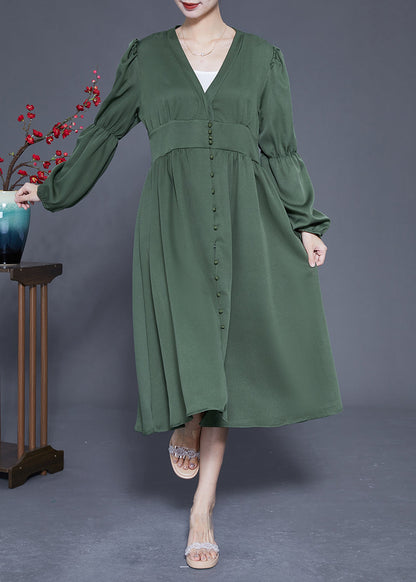 Modern Green V Neck Cinched Patchwork Button Silk Dress Spring LY1843 - fabuloryshop