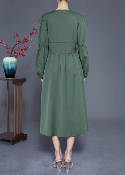 Modern Green V Neck Cinched Patchwork Button Silk Dress Spring LY1843 - fabuloryshop