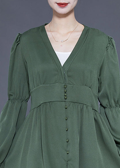 Modern Green V Neck Cinched Patchwork Button Silk Dress Spring LY1843 - fabuloryshop