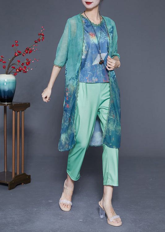 Modern Green V Neck Lace Patchwork Print Silk Three Pieces Set Summer LY2877 - fabuloryshop