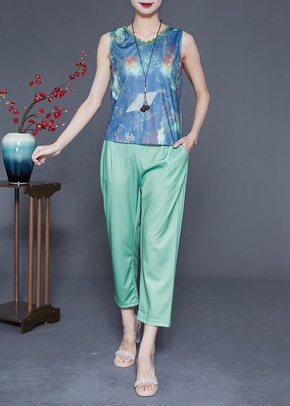 Modern Green V Neck Lace Patchwork Print Silk Three Pieces Set Summer LY2877 - fabuloryshop