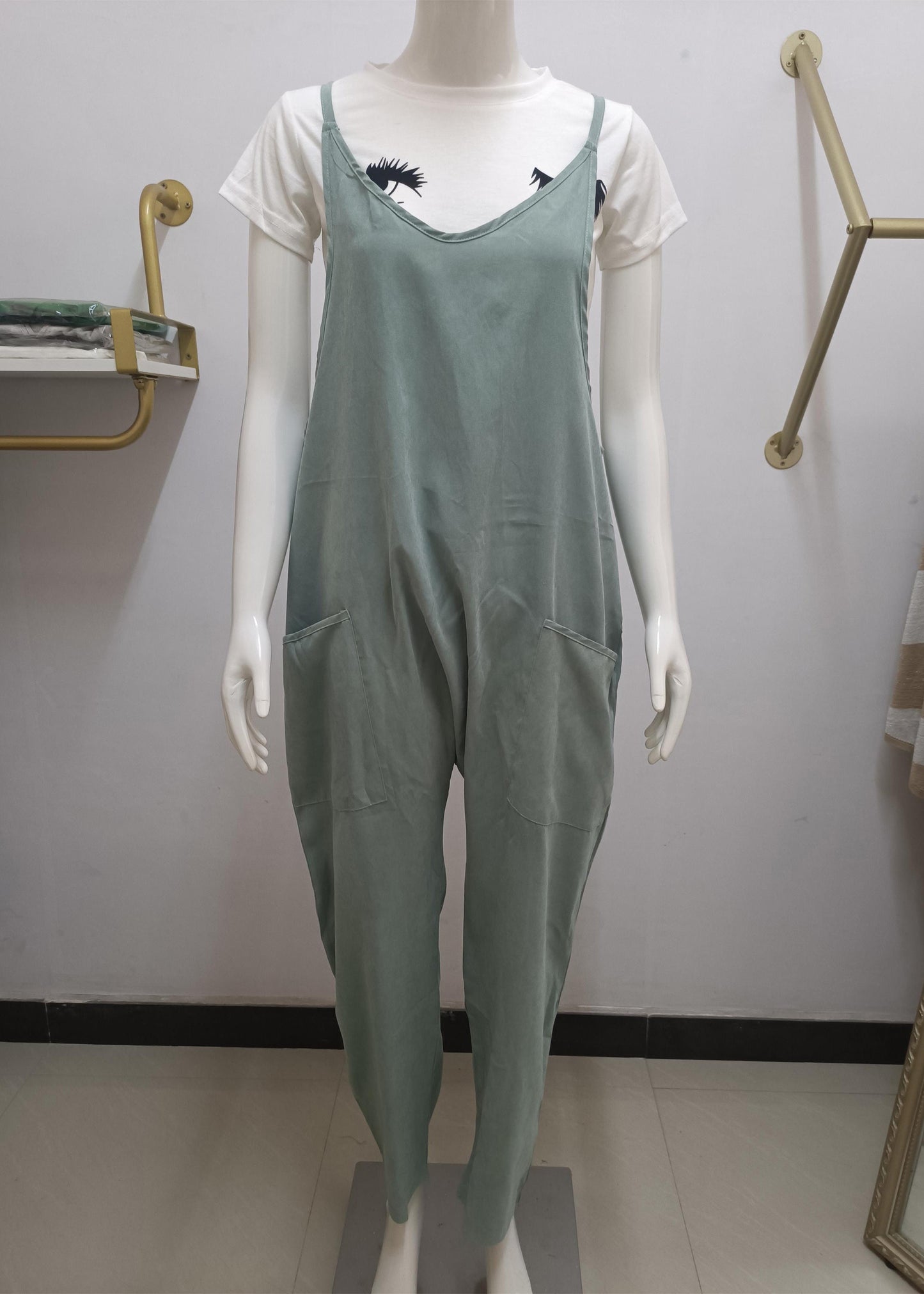Modern Green V Neck Patchwork Solid Jumpsuit Summer LY1955