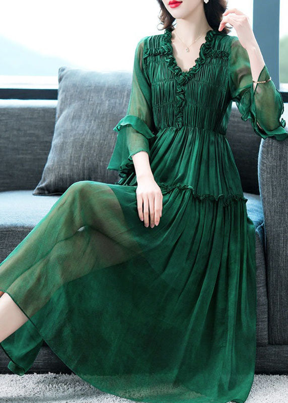 Modern Green V Neck Ruffled Patchwork Silk Dress Summer LC0223 - fabuloryshop