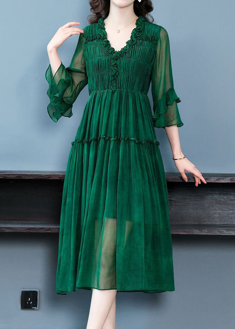 Modern Green V Neck Ruffled Patchwork Silk Dress Summer LC0223 - fabuloryshop