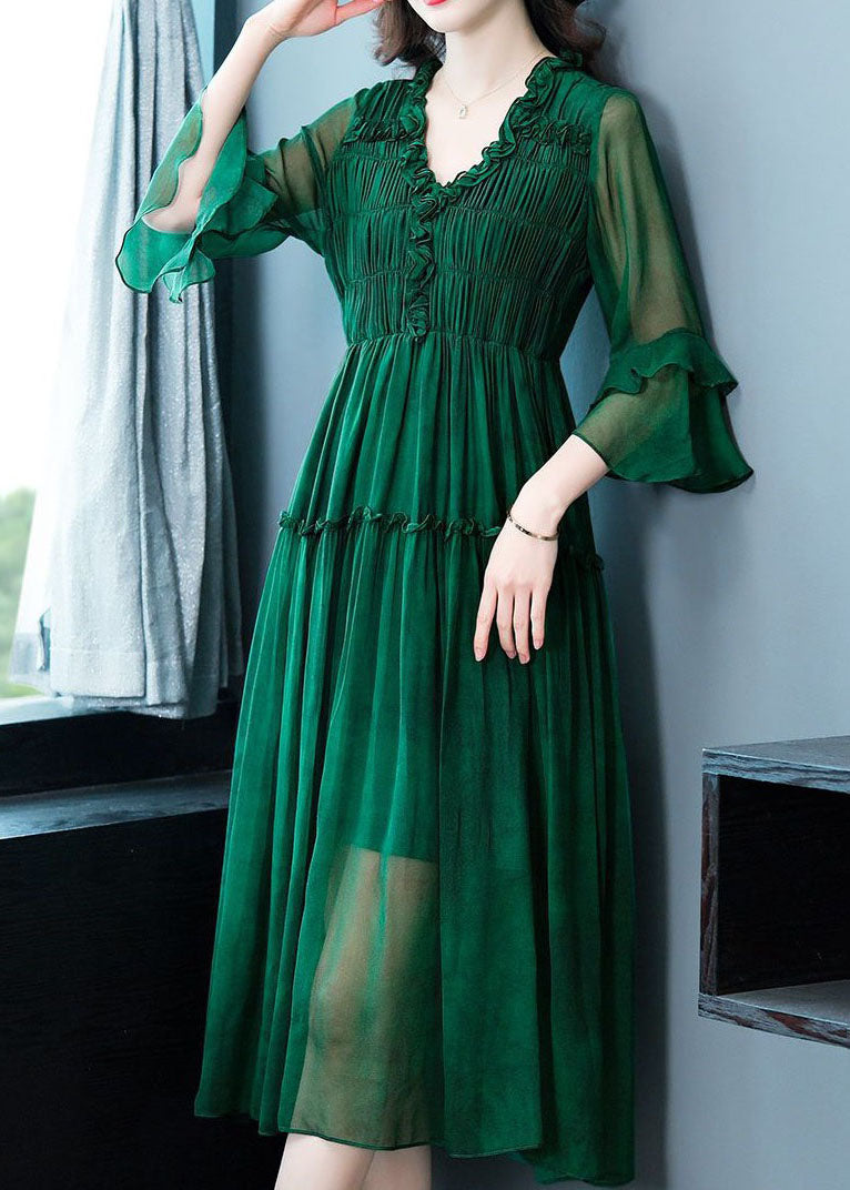 Modern Green V Neck Ruffled Patchwork Silk Dress Summer LC0223 - fabuloryshop