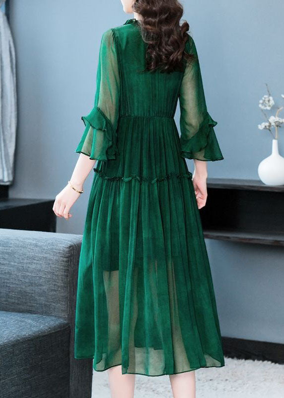 Modern Green V Neck Ruffled Patchwork Silk Dress Summer LC0223 - fabuloryshop