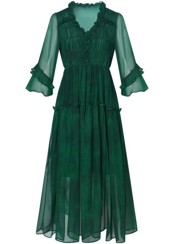 Modern Green V Neck Ruffled Patchwork Silk Dress Summer LC0223 - fabuloryshop