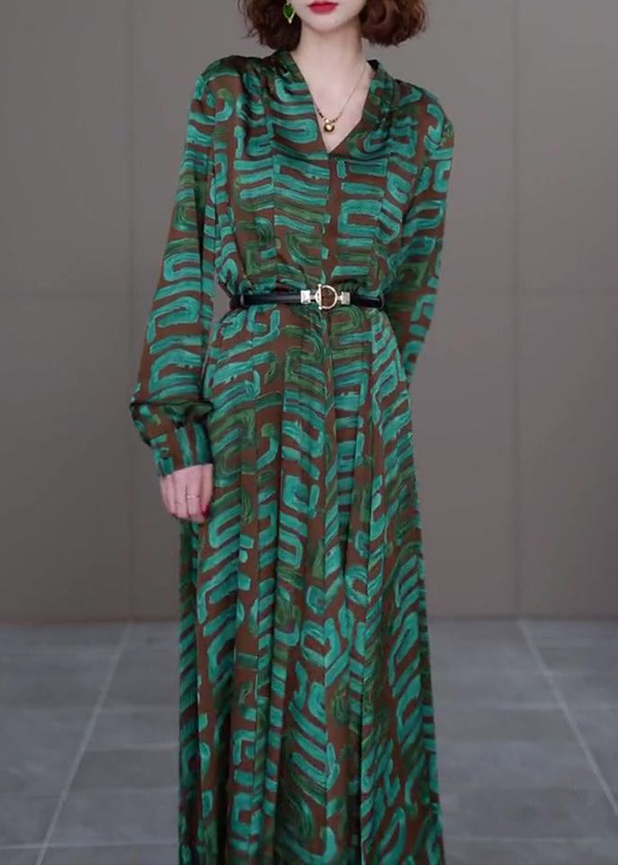 Modern Green V Neck Striped Print Sashes Satin Long Dress Long Sleeve Ada Fashion