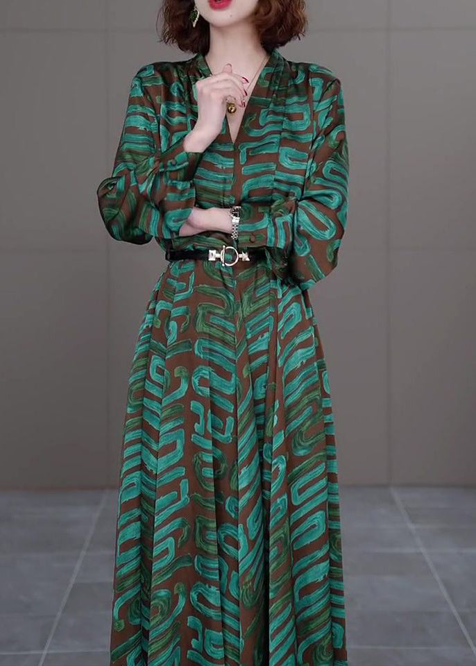 Modern Green V Neck Striped Print Sashes Satin Long Dress Long Sleeve Ada Fashion