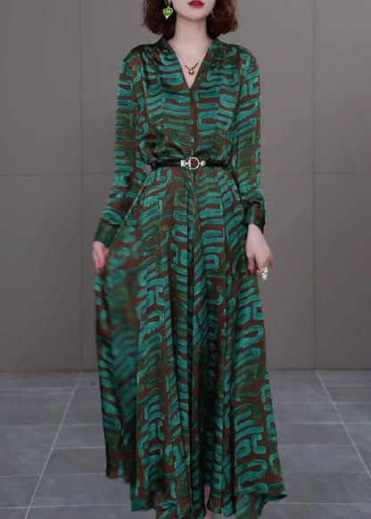 Modern Green V Neck Striped Print Sashes Satin Long Dress Long Sleeve Ada Fashion