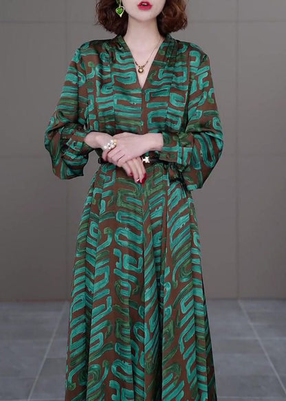 Modern Green V Neck Striped Print Sashes Satin Long Dress Long Sleeve Ada Fashion