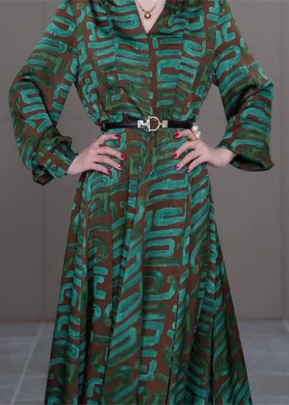 Modern Green V Neck Striped Print Sashes Satin Long Dress Long Sleeve Ada Fashion