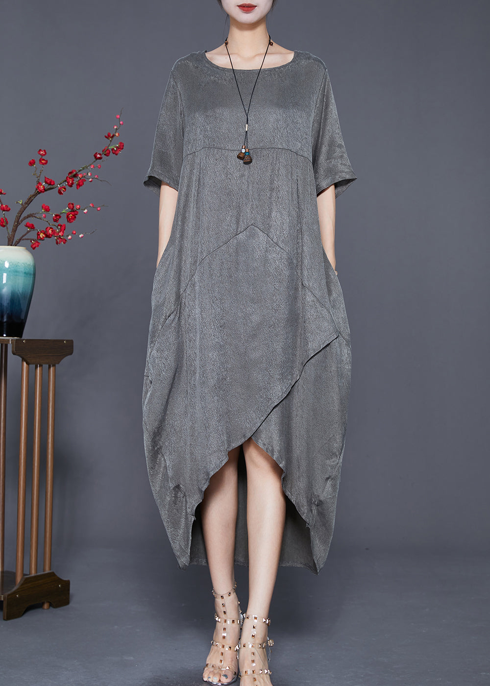 Modern Grey Asymmetrical Patchwork Silk Robe Dresses Summer Ada Fashion