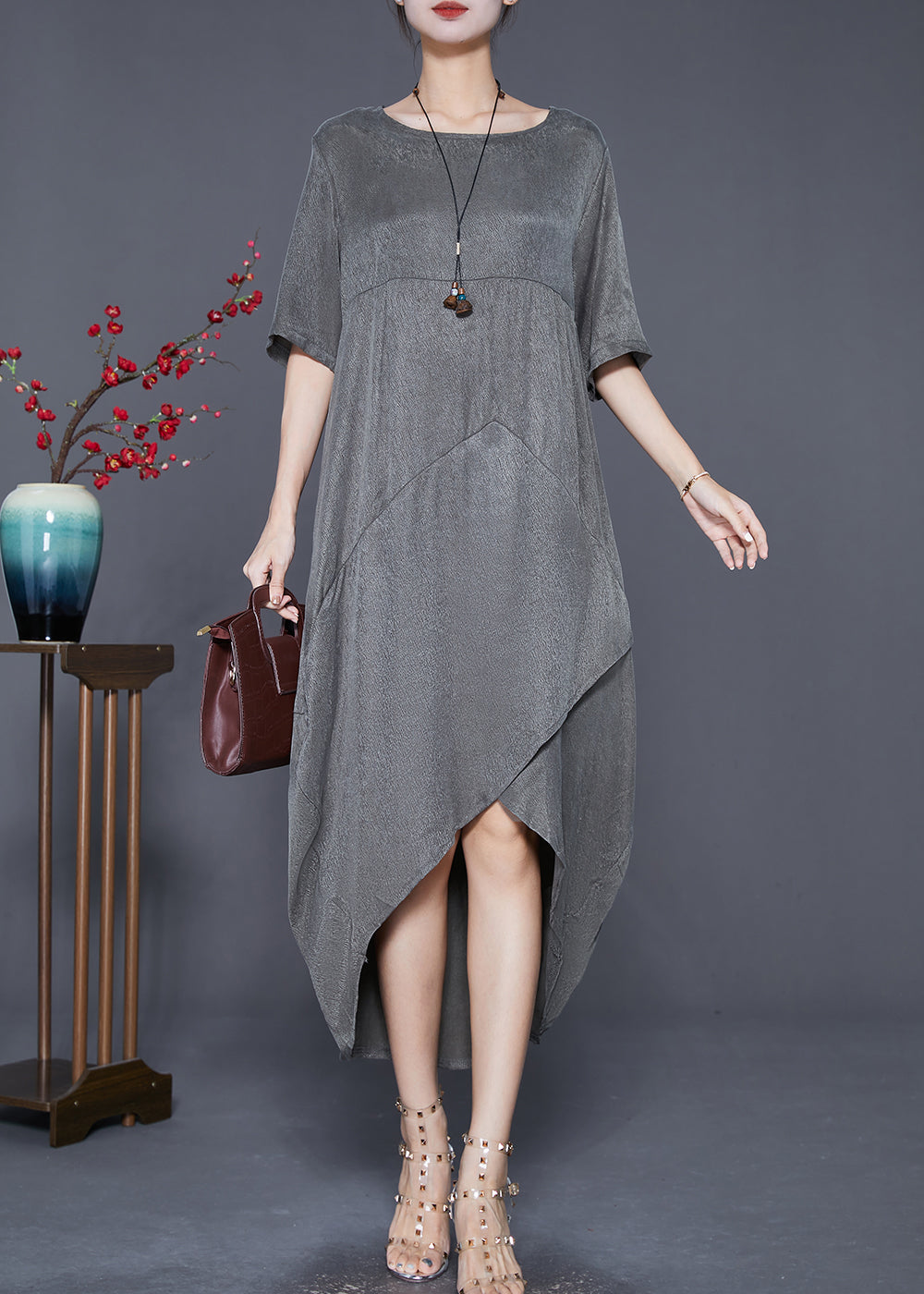 Modern Grey Asymmetrical Patchwork Silk Robe Dresses Summer Ada Fashion