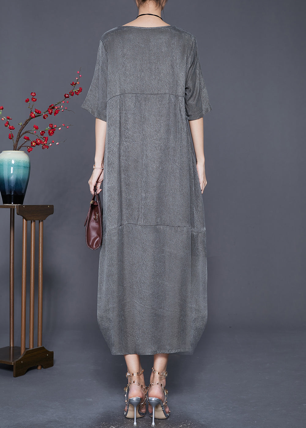 Modern Grey Asymmetrical Patchwork Silk Robe Dresses Summer Ada Fashion