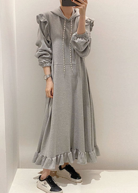 Modern Grey Hooded Ruffled Patchwork Cotton Dresses Spring LY1361 - fabuloryshop