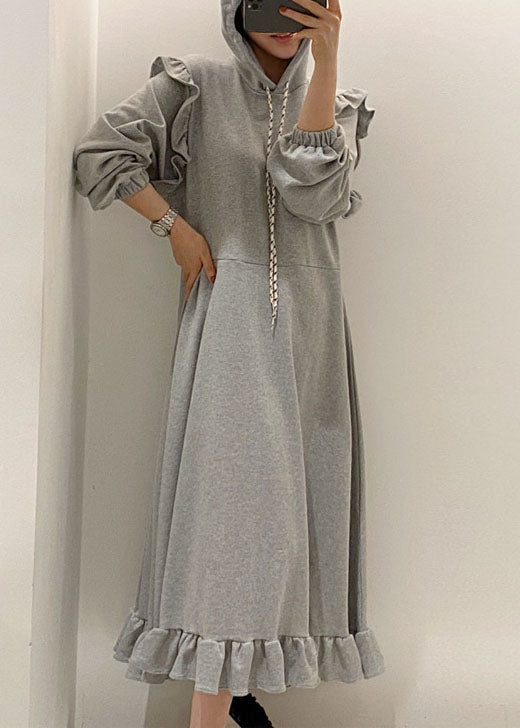 Modern Grey Hooded Ruffled Patchwork Cotton Dresses Spring LY1361 - fabuloryshop