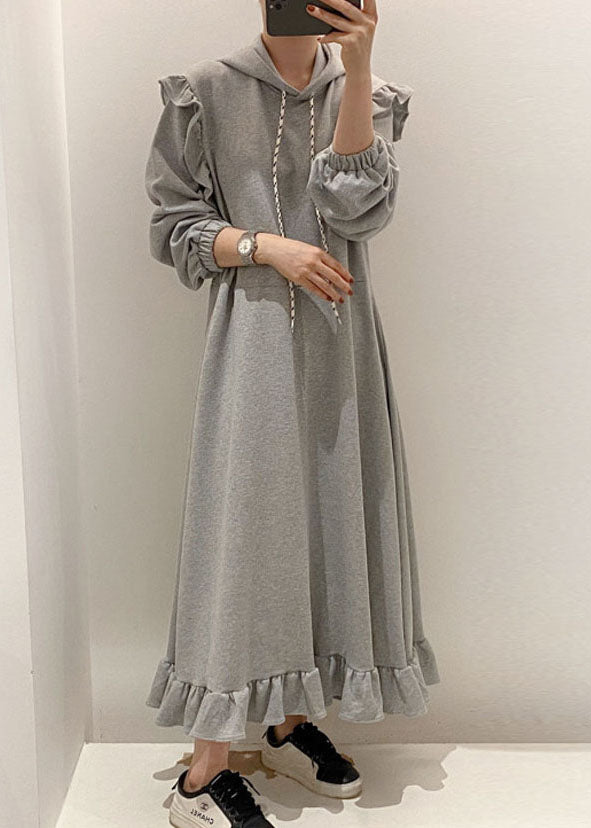 Modern Grey Hooded Ruffled Patchwork Cotton Dresses Spring LY1361 - fabuloryshop