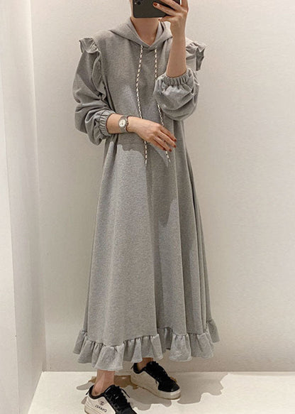 Modern Grey Hooded Ruffled Patchwork Cotton Dresses Spring LY1361 - fabuloryshop