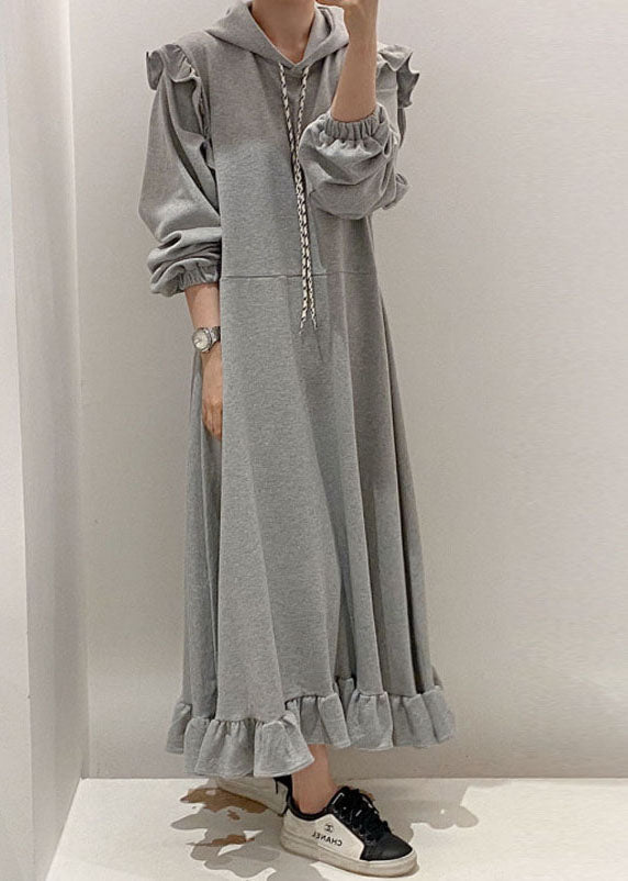 Modern Grey Hooded Ruffled Patchwork Cotton Dresses Spring LY1361 - fabuloryshop