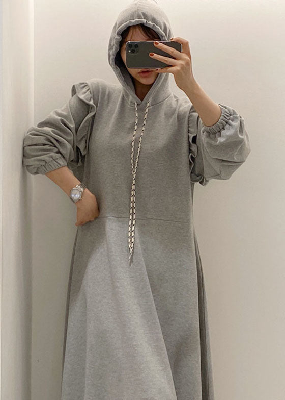 Modern Grey Hooded Ruffled Patchwork Cotton Dresses Spring LY1361 - fabuloryshop