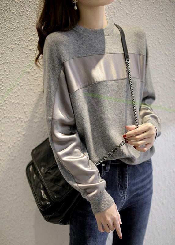 Modern Grey O-Neck Chiffo Patchwork Knit Pullover Long Sleeve LY0397 - fabuloryshop