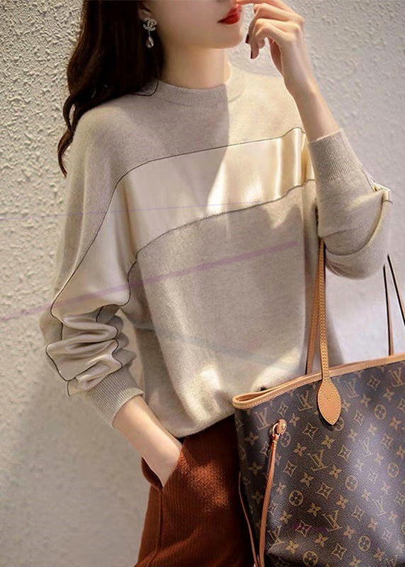 Modern Grey O-Neck Chiffo Patchwork Knit Pullover Long Sleeve LY0397 - fabuloryshop