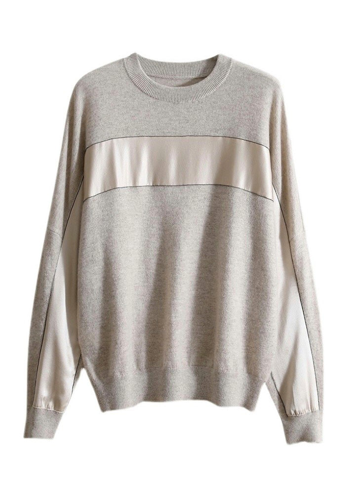 Modern Grey O-Neck Chiffo Patchwork Knit Pullover Long Sleeve LY0397 - fabuloryshop