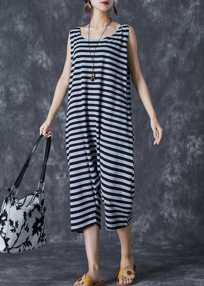 Modern Grey O-Neck Striped Cotton Overalls Jumpsuit Sleeveless LY7096 - fabuloryshop