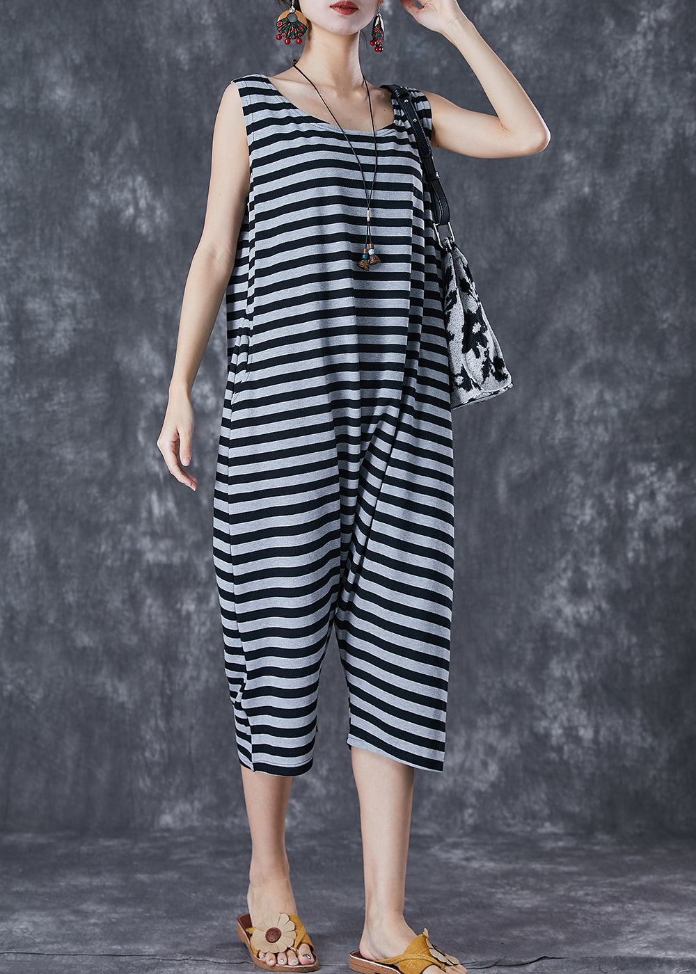 Modern Grey O-Neck Striped Cotton Overalls Jumpsuit Sleeveless LY7096 - fabuloryshop