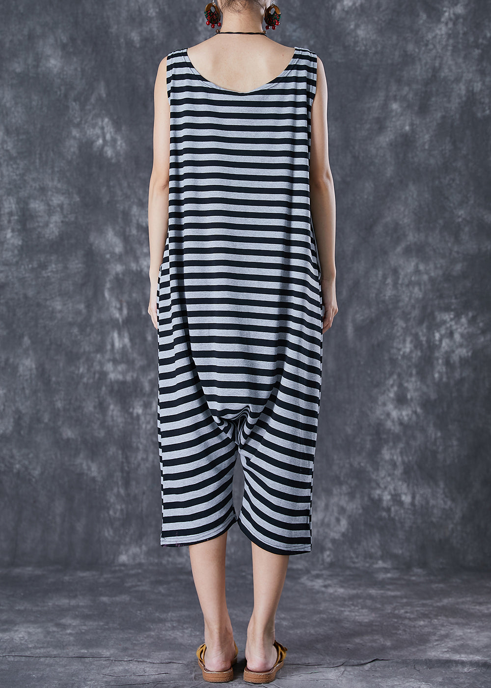 Modern Grey O-Neck Striped Cotton Overalls Jumpsuit Sleeveless LY7096 - fabuloryshop