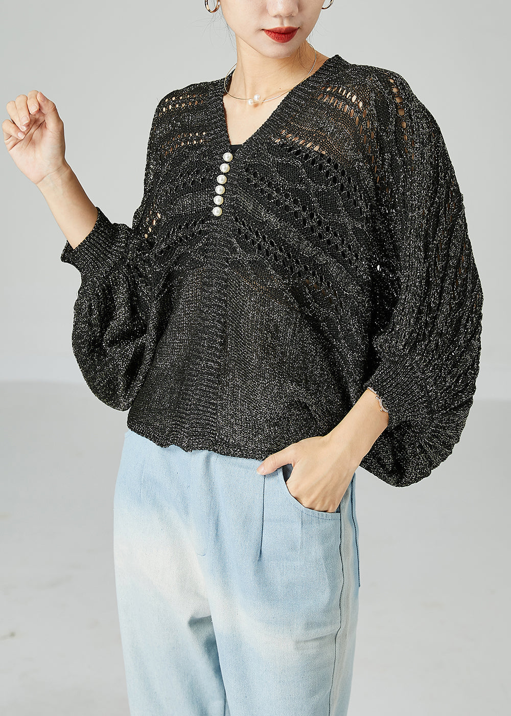 Modern Grey Oversized Hollow Out Knit Tops Batwing Sleeve LY2422 - fabuloryshop
