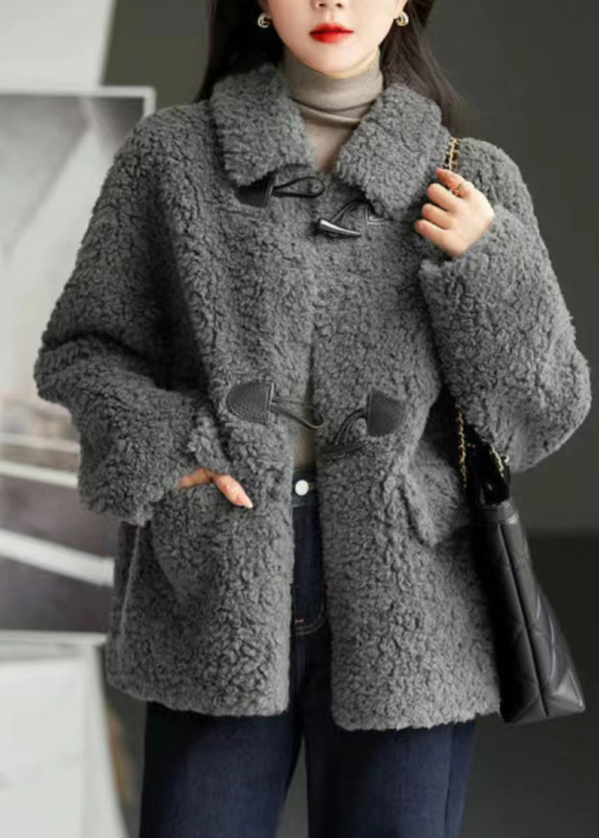 Modern Grey Peter Pan Collar Pockets Patchwork Wool Coats Winter Ada Fashion