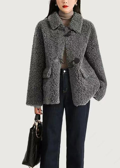 Modern Grey Peter Pan Collar Pockets Patchwork Wool Coats Winter Ada Fashion