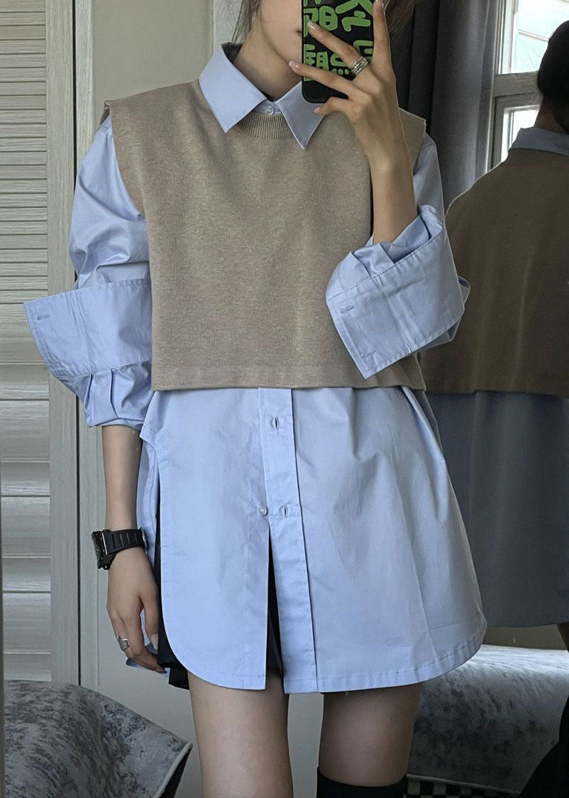 Modern Grey Side Open Knit Waistcoat And Shirts Two Pieces Set Long Sleeve Ada Fashion