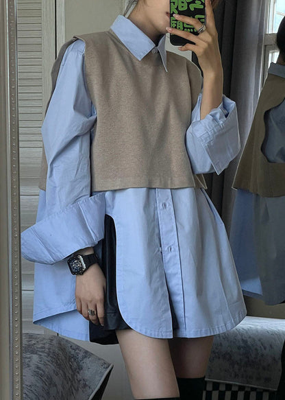 Modern Grey Side Open Knit Waistcoat And Shirts Two Pieces Set Long Sleeve Ada Fashion