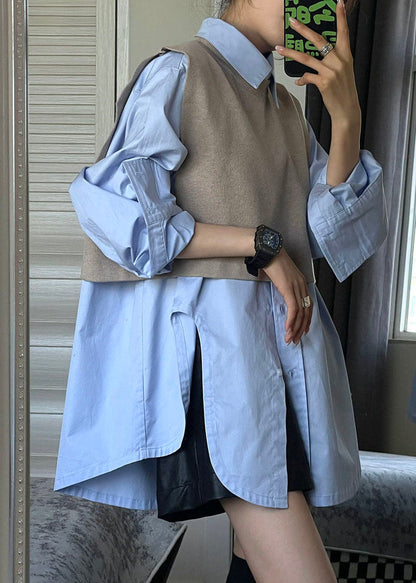 Modern Grey Side Open Knit Waistcoat And Shirts Two Pieces Set Long Sleeve Ada Fashion