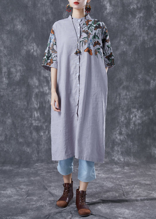 Modern Grey Stand Collar Print Linen Long Dress Summer LY4071 - fabuloryshop