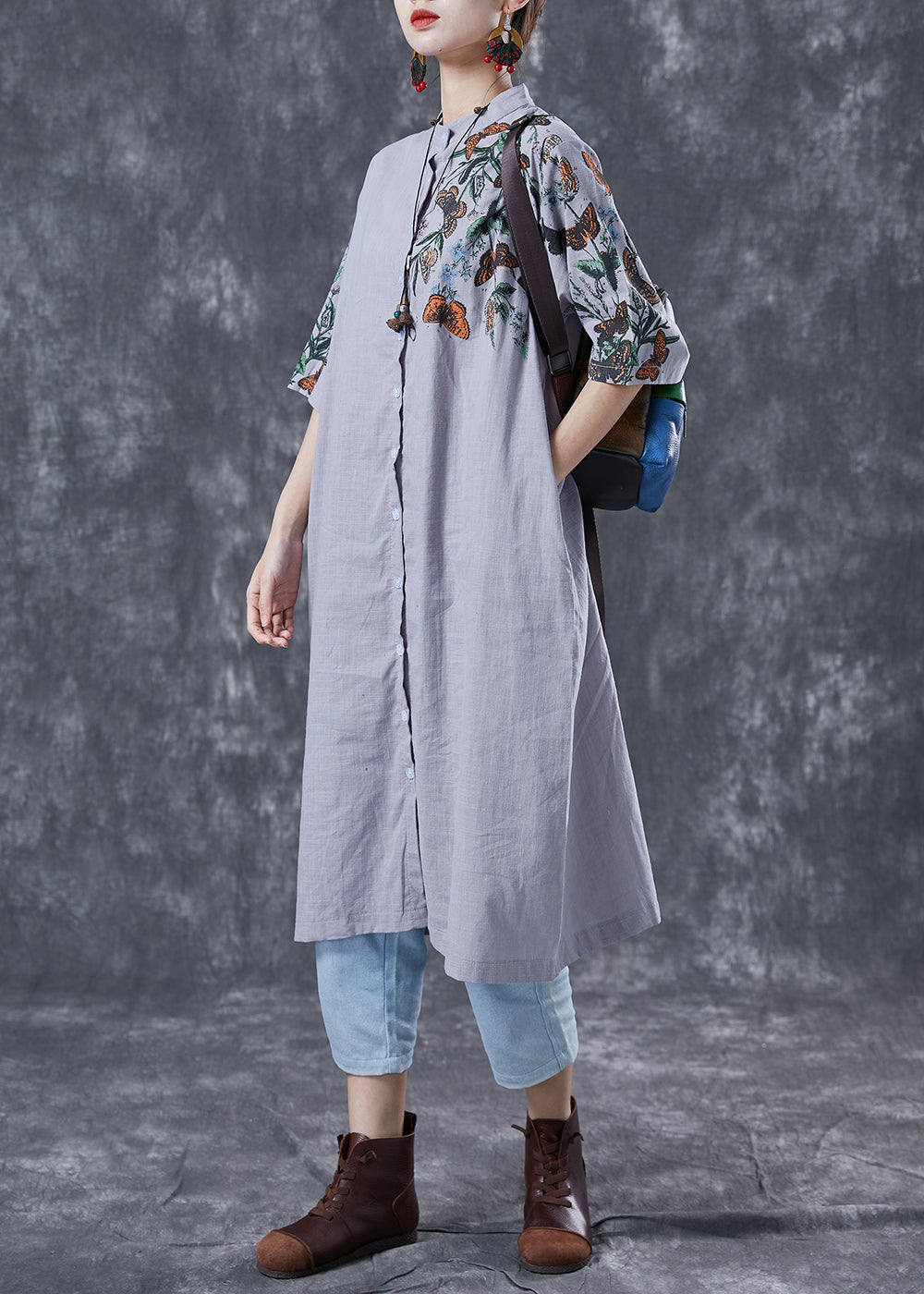 Modern Grey Stand Collar Print Linen Long Dress Summer LY4071 - fabuloryshop