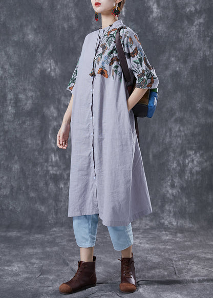 Modern Grey Stand Collar Print Linen Long Dress Summer LY4071 - fabuloryshop