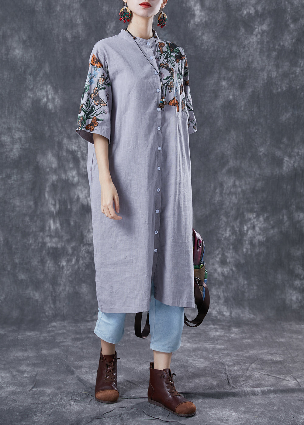 Modern Grey Stand Collar Print Linen Long Dress Summer LY4071 - fabuloryshop