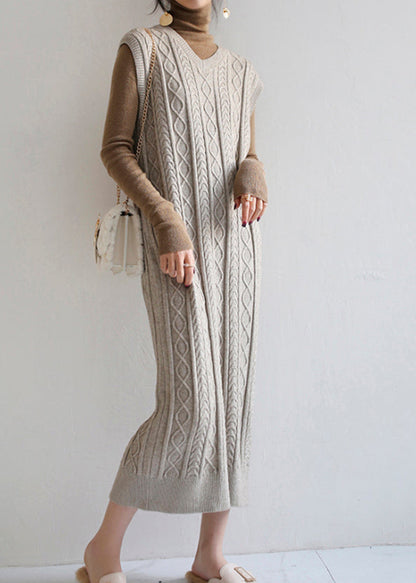 Modern Grey V Neck Cable Long Knit Waistcoat Sweaters Dress Fall Ada Fashion