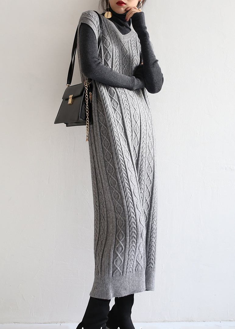 Modern Grey V Neck Cable Long Knit Waistcoat Sweaters Dress Fall Ada Fashion