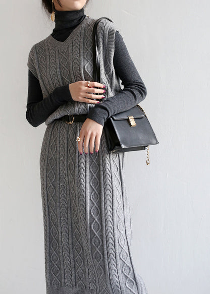 Modern Grey V Neck Cable Long Knit Waistcoat Sweaters Dress Fall Ada Fashion