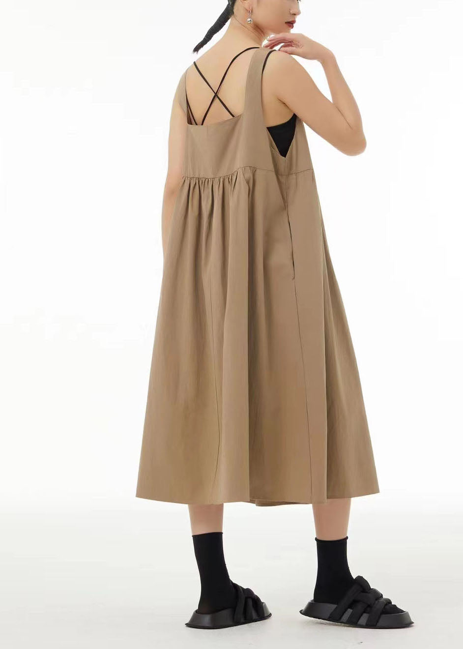 Modern Khaki Backless Patchwork Cotton A Line Dress Sleeveless TS1075
